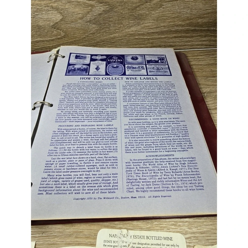 The Connoisseur Vtg. Wine Label Collector Album w/ Pages & Assortment Of Labels